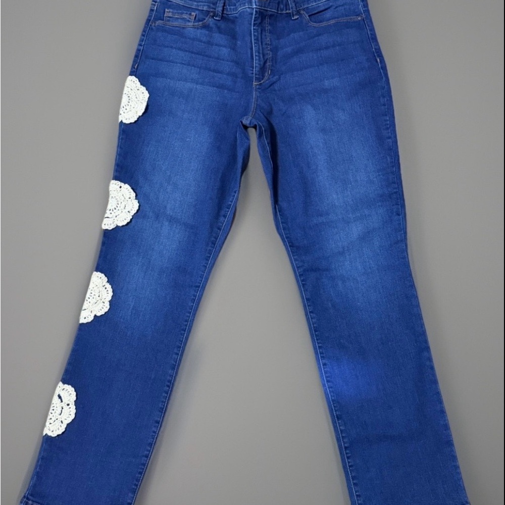 Bandolino Blue Straight-Leg Jeans with White Crochet Accents